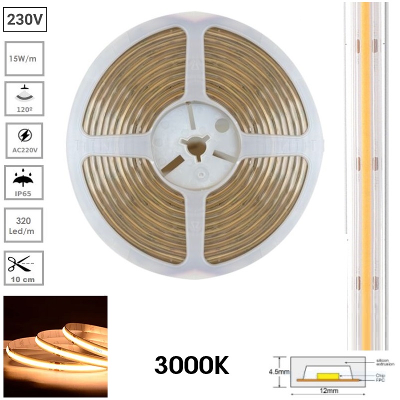 TIRA LED COB AC 220V 3000K 1050Lm 15W/m 12mm IP65 METRO