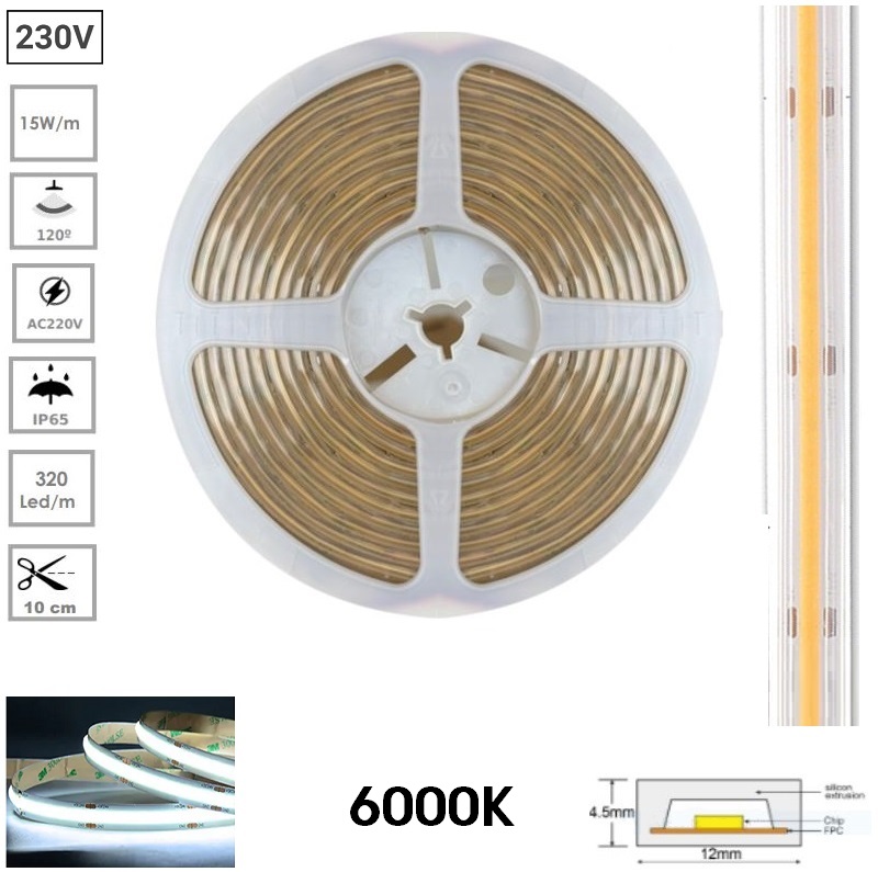 TIRA LED COB AC 220V 6000K 1050Lm 15W/m 12mm IP65 METRO