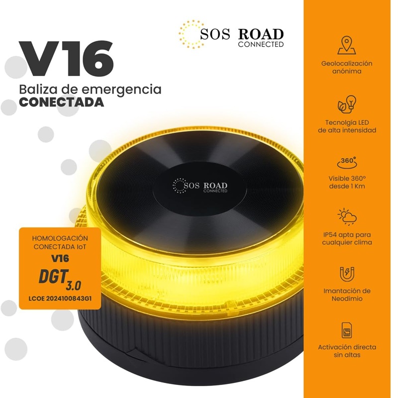 LUZ DE EMERGENCIA V16 loT GEOLOCALIZADA SOS ROAD DGT 3.0 ORANGE