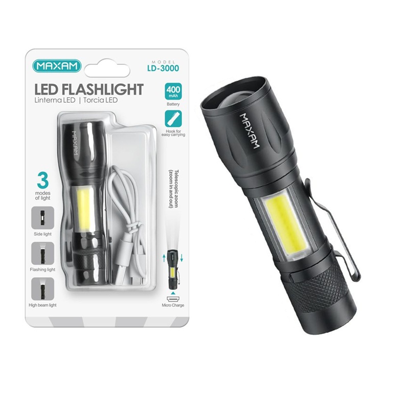 LINTERNA LED XPE + COB LATERAL, 3 MODOS + ZOOM, RECARGABLE, NEGRO