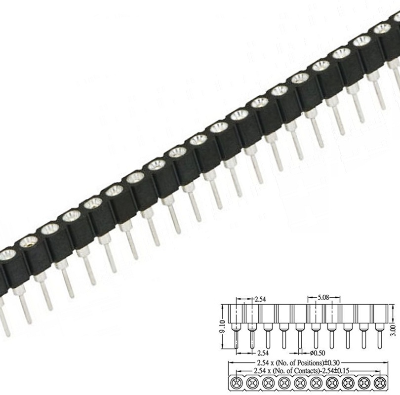 TIRA DE PINES HEMBRA 64P x1 FILA 2.54mm REDONDO RECTO