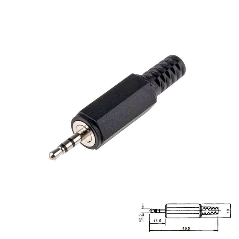 CONECTOR JACK 2.5mm MACHO ESTÉREO AÉREO PLÁSTICO NEGRO