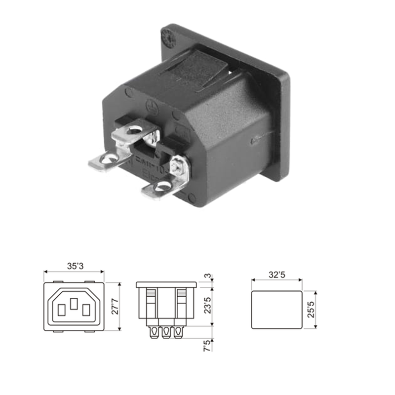 BASE IEC C13 HEMBRA 10A/250V PANEL PRESIÓN FASTON 6.3mm - Imagen 3