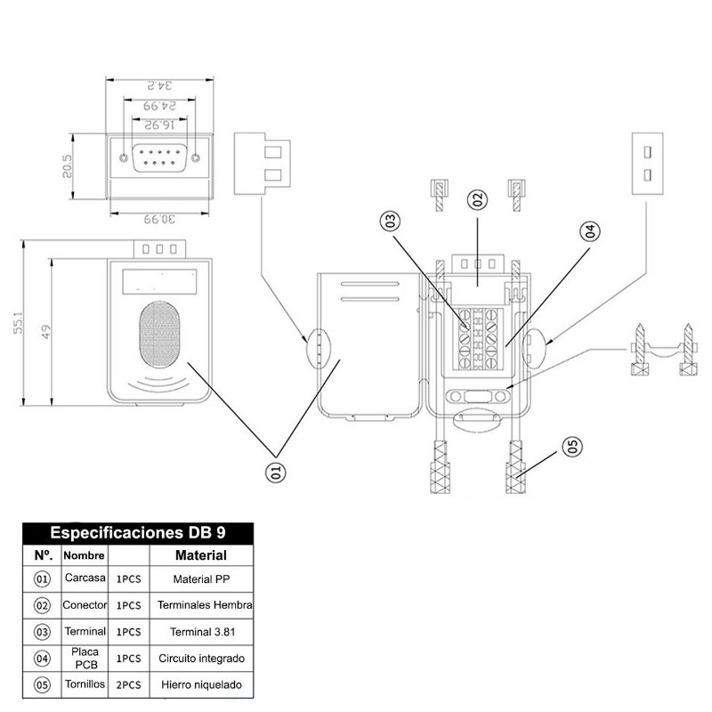 CONECTOR SUB-D 9P HEMBRA AÉREO CONEXIÓN A TORNILLO - Imagen 4