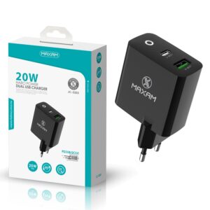 CARGADOR USB DOBLE (USB+USB-C) 20W PD3.0 & QC3.0 NEGRO