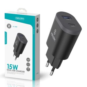 CARGADOR PARED USB DOBLE (A+C) PD 15W NEGRO