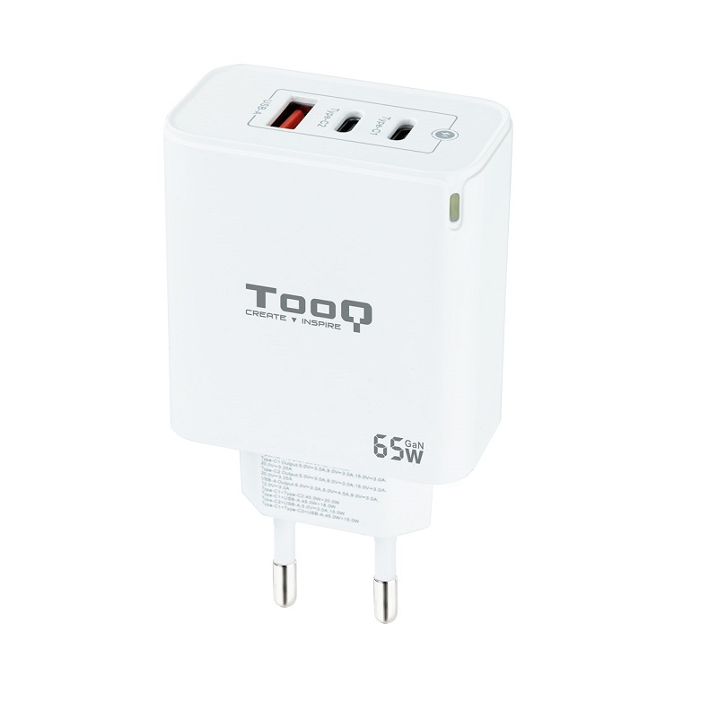 CARGADOR PARED USB-C x2 PD + USB-A QC 65W TOOQ GaN BLANCO