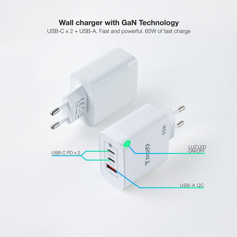 CARGADOR PARED USB-C x2 PD + USB-A QC 65W TOOQ GaN BLANCO - Imagen 4