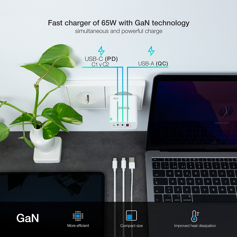 CARGADOR PARED USB-C x2 PD + USB-A QC 65W TOOQ GaN BLANCO - Imagen 5
