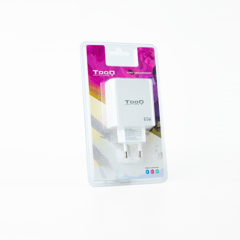 CARGADOR PARED USB-C x2 PD + USB-A QC 65W TOOQ GaN BLANCO - Imagen 6