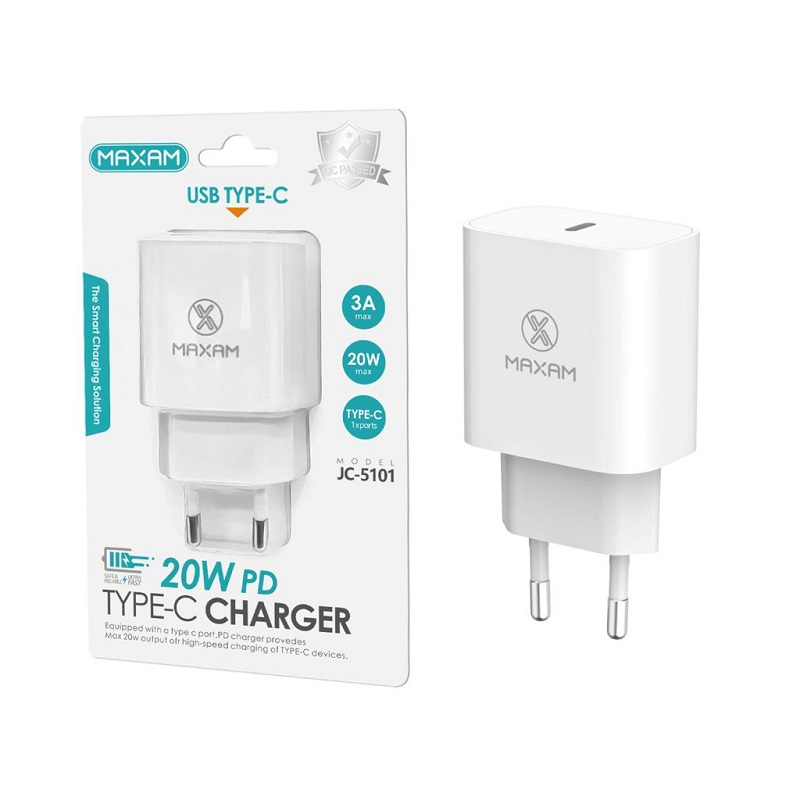 CARGADOR PARED USB-C 20W PD 3.0 MAXAM JC-5101 BLANCO