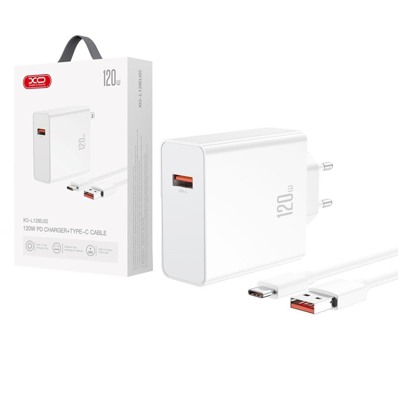 CARGADOR PARED USB 120W QC3.0 XO L128 + CABLE USB-C BLANCO