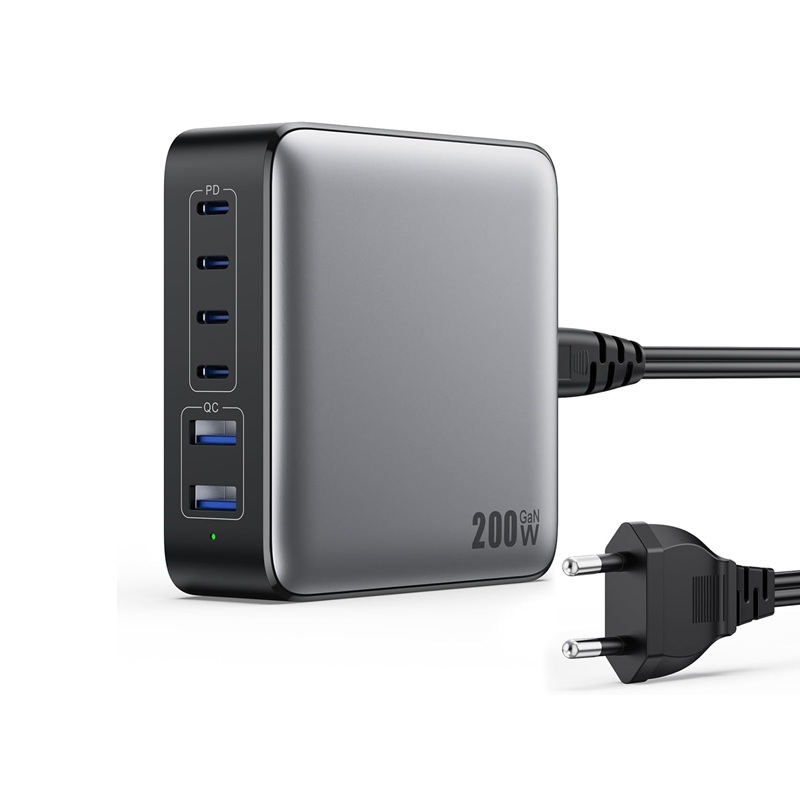 CARGADOR 200W GAN3 6P (2x USB-A + 4x USB-C) QC+PD NEGRO/GRIS