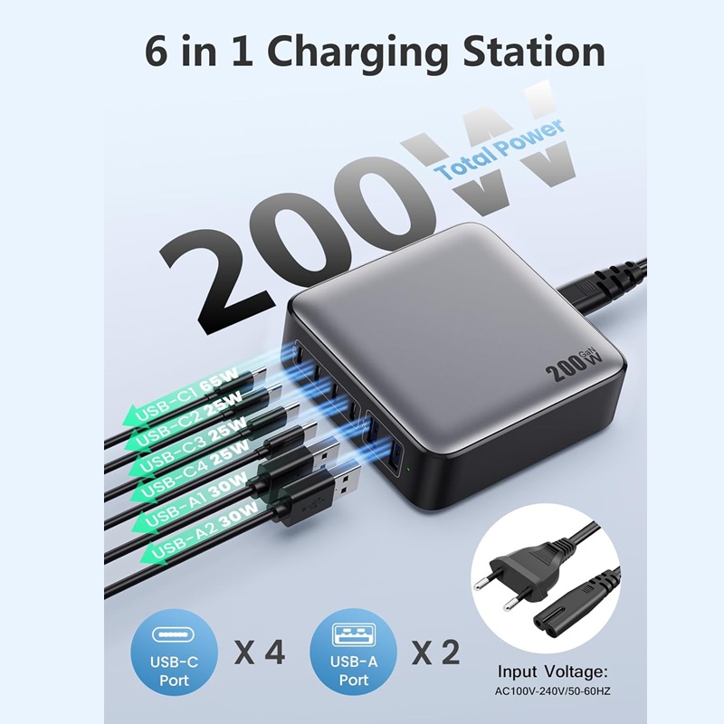 CARGADOR 200W GAN3 6P (2x USB-A + 4x USB-C) QC+PD NEGRO/GRIS - Imagen 3