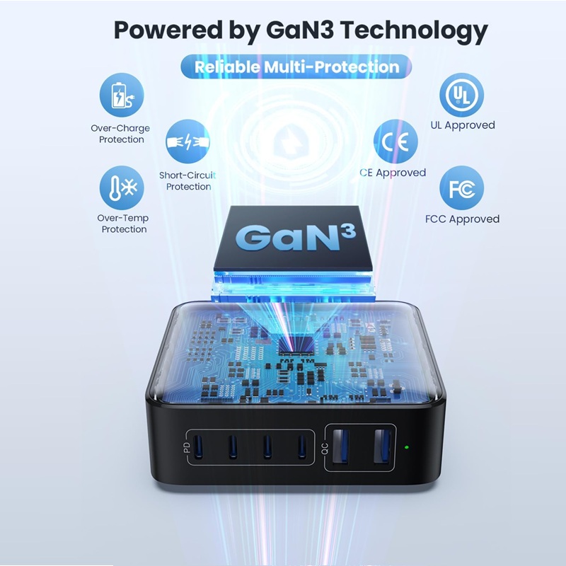 CARGADOR 200W GAN3 6P (2x USB-A + 4x USB-C) QC+PD NEGRO/GRIS - Imagen 4