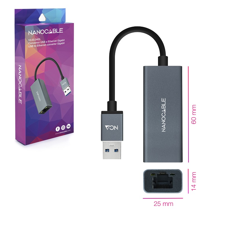 ADAPTADOR USB-A 3.0 - ETHERNET GIGABIT GRIS CABLE 0.15m - Imagen 3