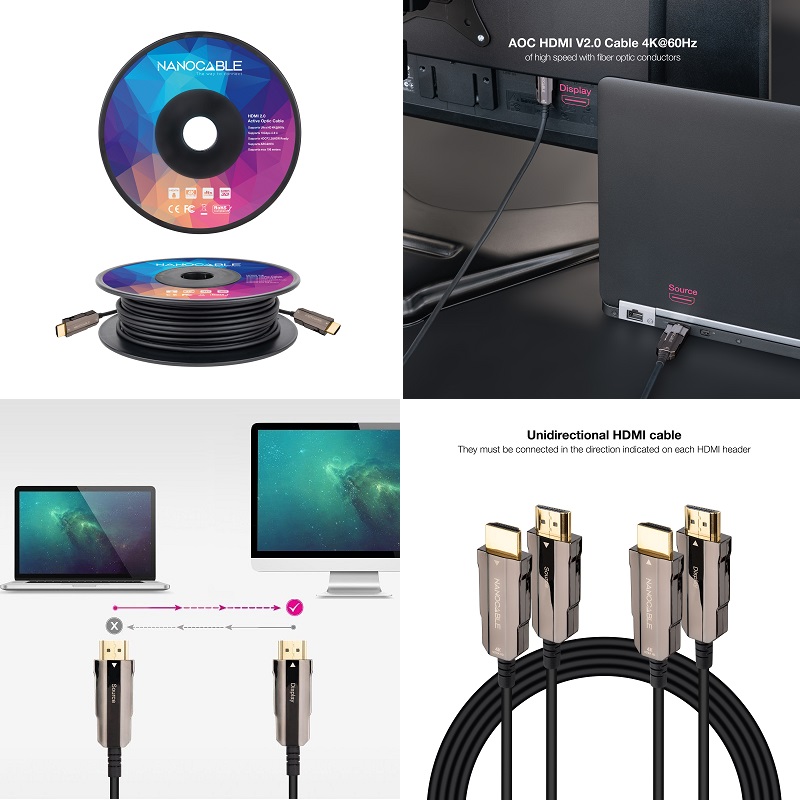 CABLE HDMI 2.0 AOC HIBRIDO M-M 4K@60Hz 18GBPS NEGRO 40m - Imagen 3