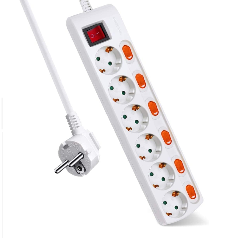 REGLETA ELÉCTRICA 6 SALIDAS SCHUKO + 7 INTERRUPTORES, BLANCO, 1.5m