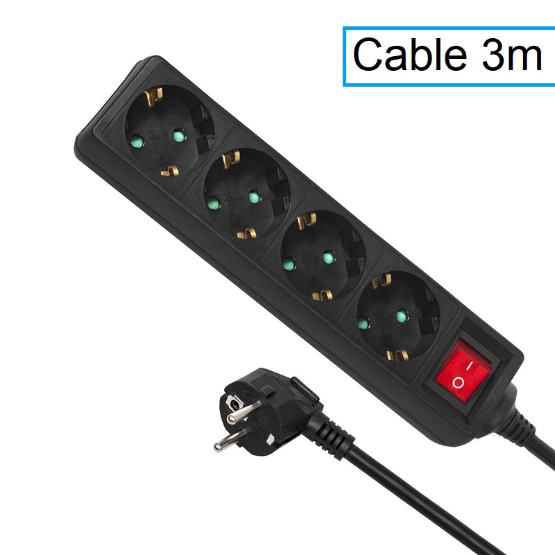 REGLETA ELÉCTRICA 4 SALIDAS SCHUKO + INTERRUPTOR, NEGRO, 3m