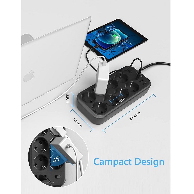 REGLETA ELÉCTRICA 8 SALIDAS SCHUKO + INTERRUPTOR, 3x USB - Imagen 6