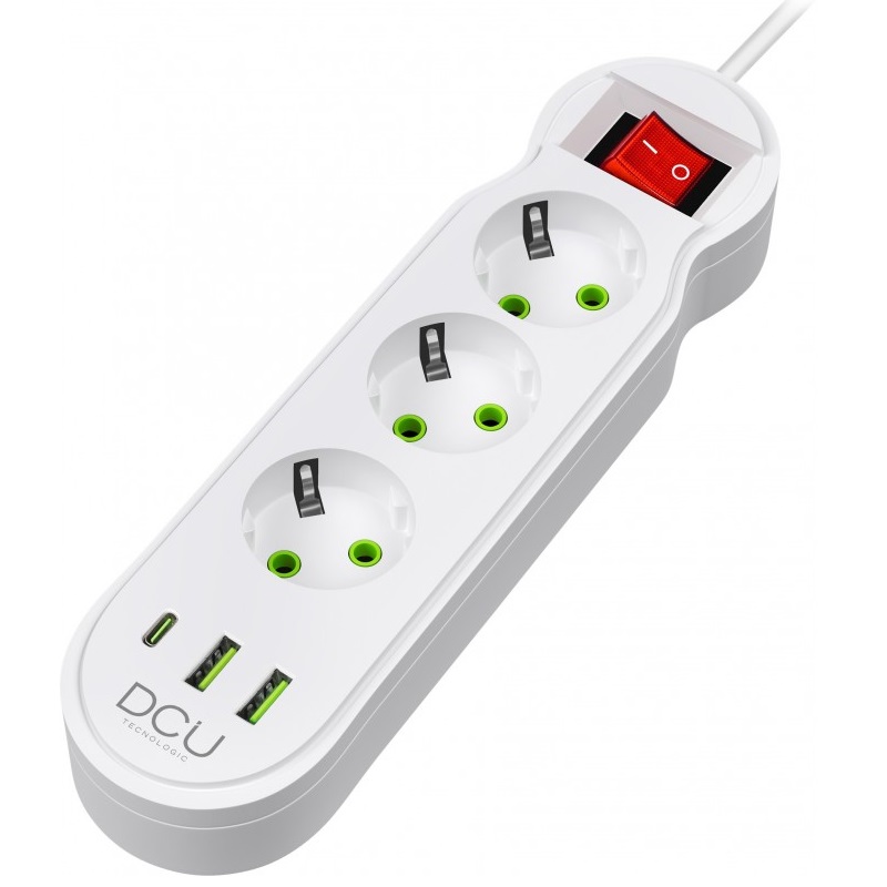 REGLETA ELÉCTRICA 3 SALIDAS SCHUKO + 3x USB (5V/ 2.1A) BLANCO, 2m