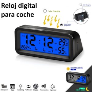 RELOJ DIGITAL LCD COCHE SOLAR/USB-C/PILA CON TERMOHIGRÓMETRO