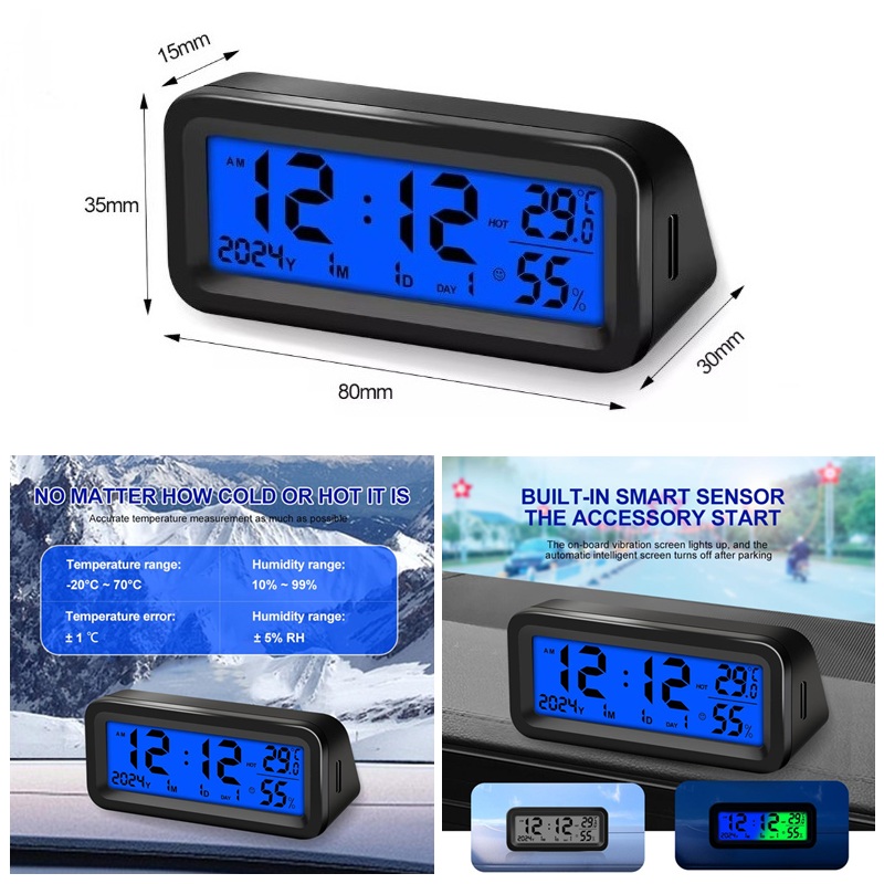 RELOJ DIGITAL LCD COCHE SOLAR/USB-C/PILA CON TERMOHIGRÓMETRO - Imagen 3