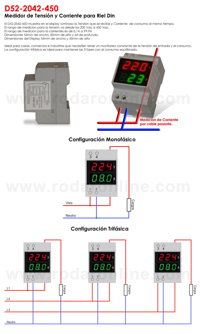 VOLTÍMETRO / AMPERÍMETRO CARRIL DIN AC 80/300V 99.9A - Imagen 3