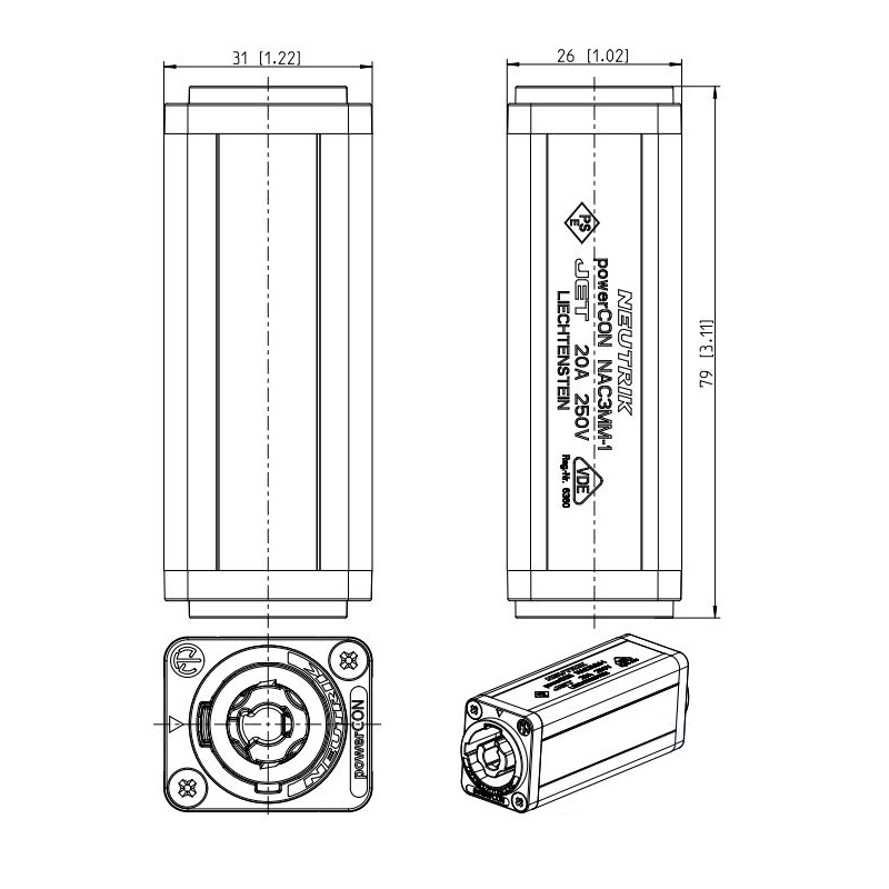 ADAPTADOR POWERCON 3P 16A MACHO-MACHO NEUTRIK - Imagen 3