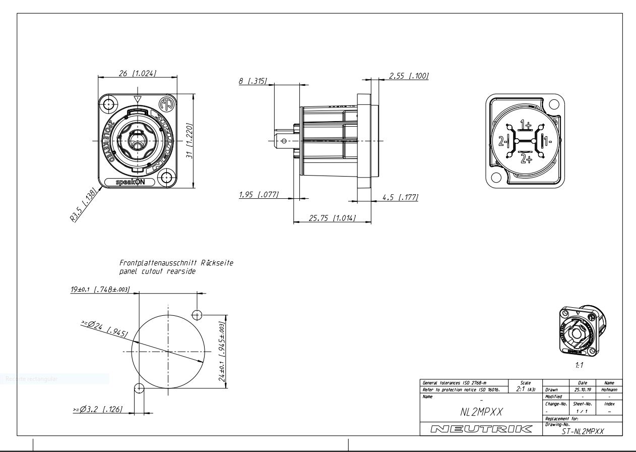 CONECTOR SPEAKON 2P MACHO CHASIS D NEUTRIK - Imagen 3