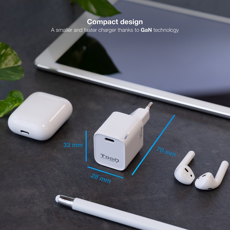 CARGADOR PARED USB-C PD 30W TOOQ GaN BLANCO - Imagen 3
