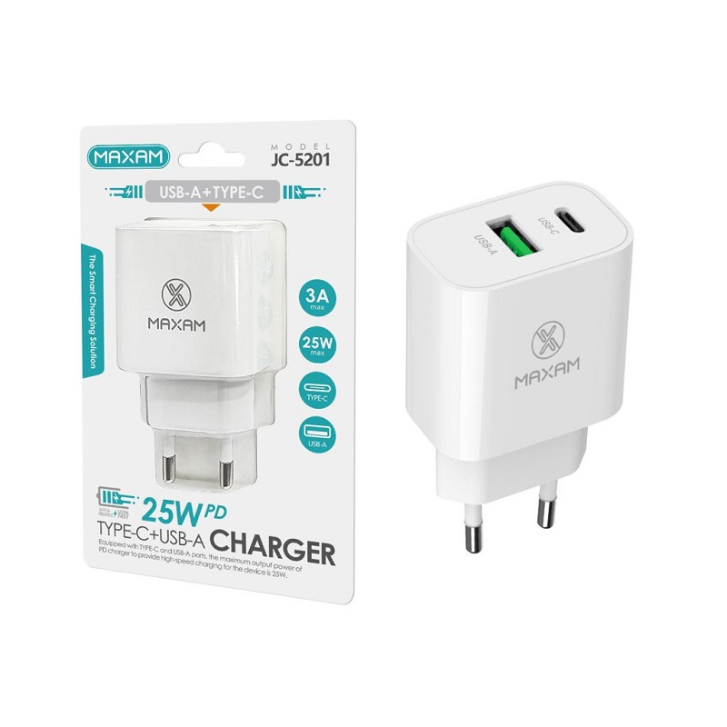 CARGADOR PARED USB DOBLE (A+C) QC+ PD 25W BLANCO