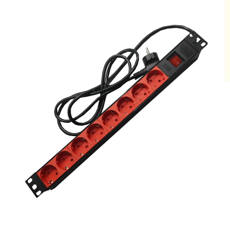 BASE RACK 19" 1U 8 SALIDAS SCHUKO ROJO, INTERRUPTOR, PVC, 2m