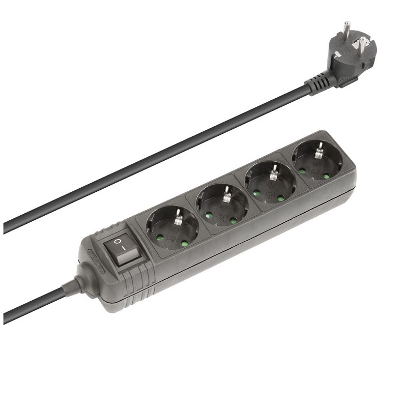 REGLETA ELÉCTRICA 4 SALIDAS SCHUKO + INTERRUPTOR, NEGRO, 1.5m