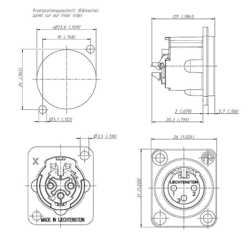 CONECTOR XLR 3P MACHO CHASIS D NEUTRIK NÍQUEL/PLATA - Imagen 3