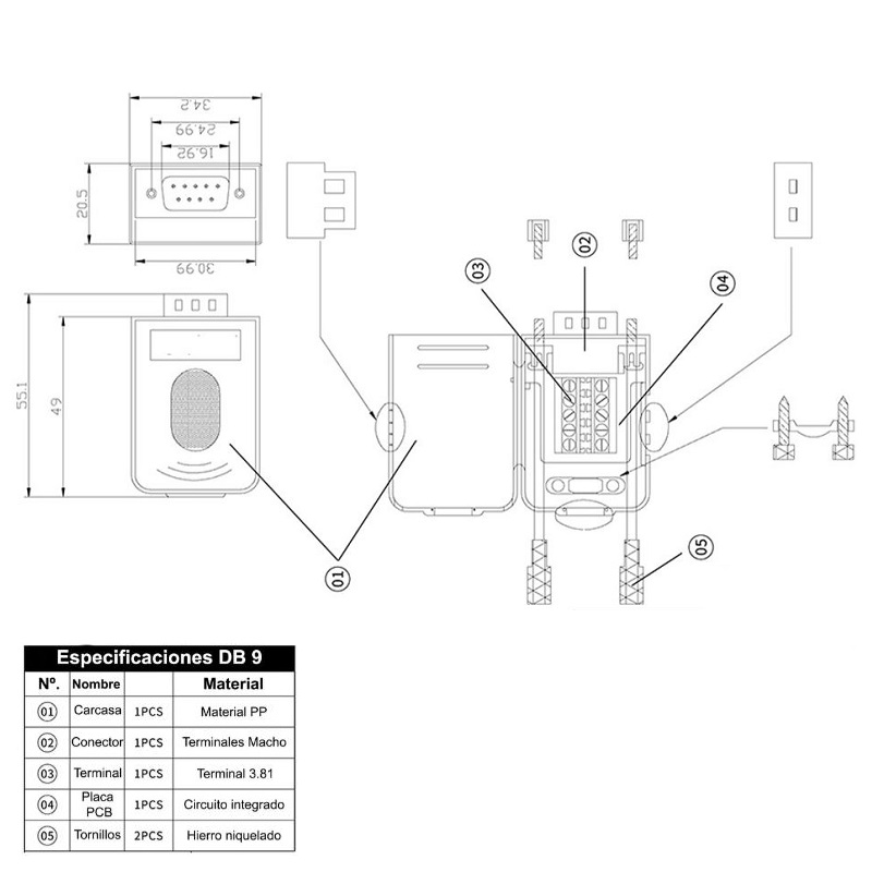 CONECTOR SUB-D 9P MACHO AÉREO CONEXIÓN A TORNILLO - Imagen 4