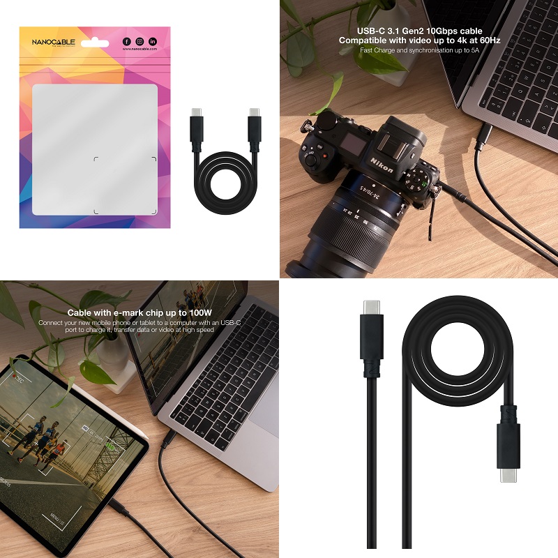 CABLE USB-C 3.1 GEN2 M-M 10GBPS 5A 100W NEGRO 2m - Imagen 3