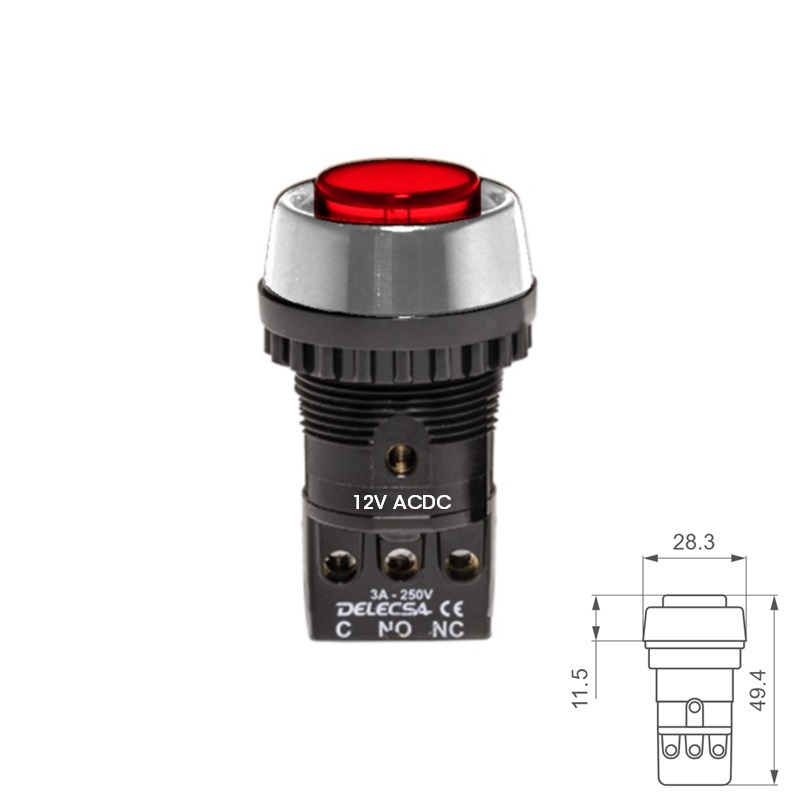PULSADOR REDONDO Ø22mm 3A/250V (LED 12V) D4054 1NO+1NC ROJO