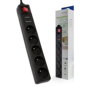 REGLETA ELÉCTRICA 5 SALIDAS SCHUKO + INTERRUPTOR, PROTECCIÓN, NEGRO, 1.5m