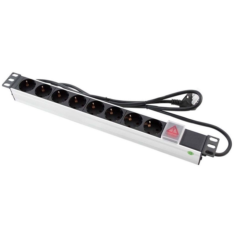 BASE ELÉCTRICA RACK 19" 1U 8 SALIDAS SCHUKO, INTERRUPTOR, ALUMINIO