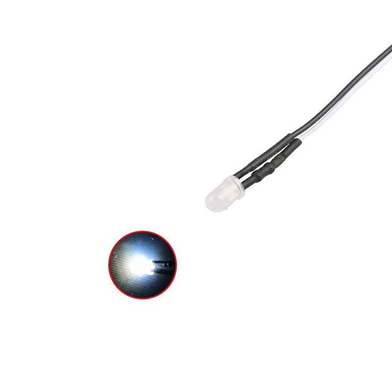 DIODO LED Ø3mm DC 12V BLANCO FRIO ALTO BRILLO CABLE 0.20m