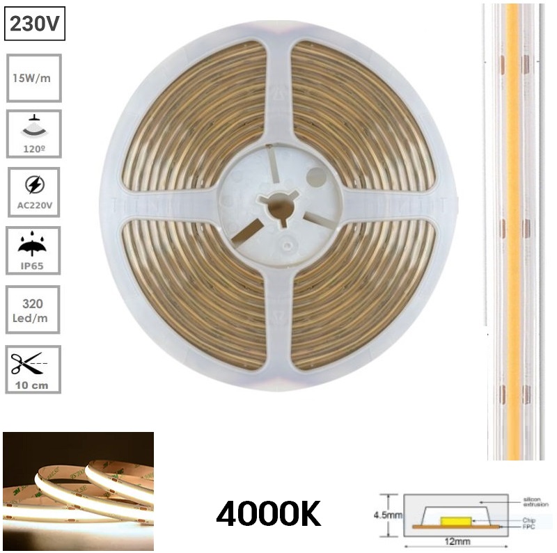 TIRA LED COB AC 220V 4000K 1050Lm 15W/m 12mm IP65 METRO