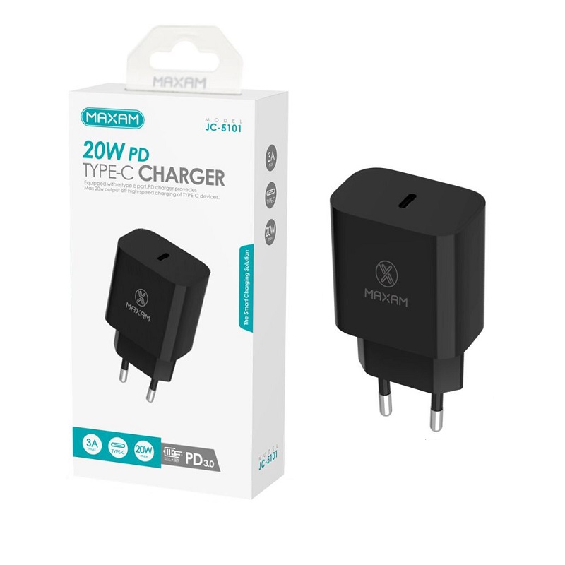 CARGADOR PARED USB-C 20W PD 3.0 MAXAM JC-5101 NEGRO