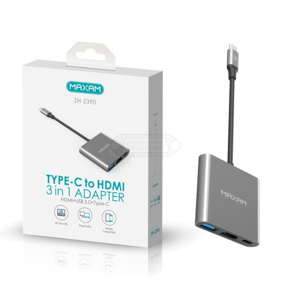 ADAPTADOR USB-C 3 EN 1 HDMI 4K/ USB 3.0/USB-C GRIS