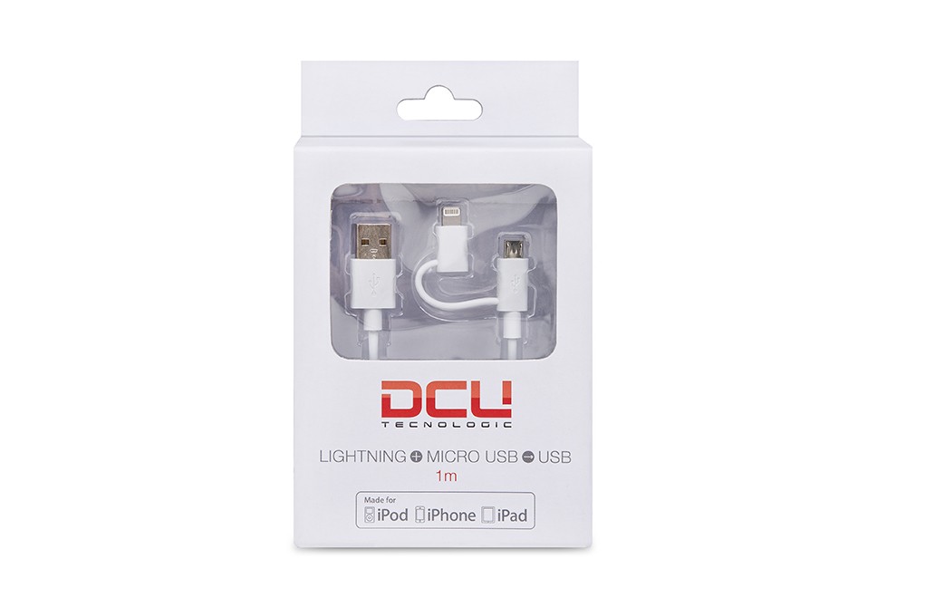 CABLE APPLE USB-A MACHO a LIGHTNING 8P MFI + MicroUSB  BLANCO 1m