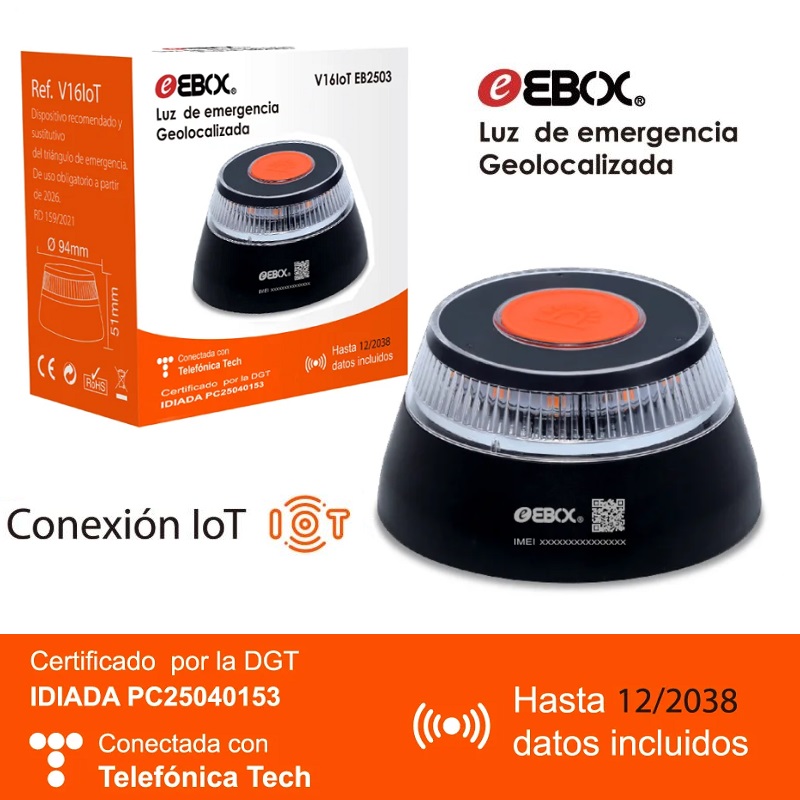 LUZ DE EMERGENCIA V16 IoT HOMOLOGADA GEOLOCALIZADA EBOX DGT 3.0 TELEFÓNICA TECH