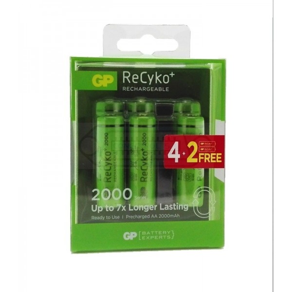 PACK BATERÍAS RECARGABLES AA (4U+2) GP RECYKO+ 2000 MAH