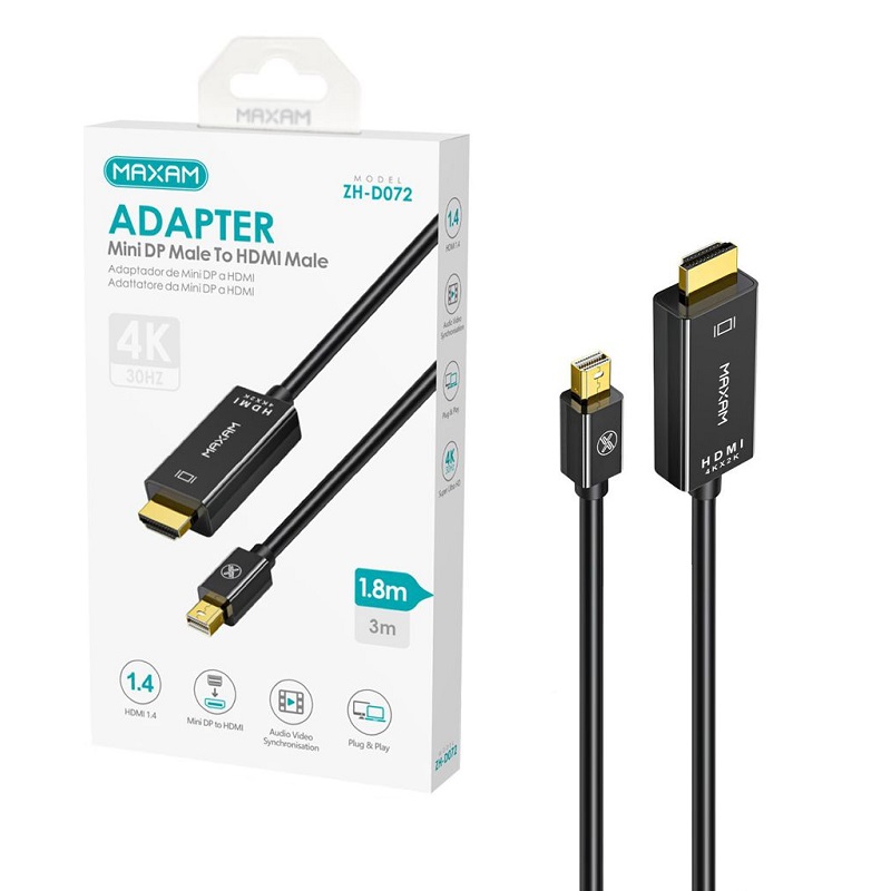CABLE MINI DP A HDMI 1.4V 4K 30Hz MAXAM NEGRO 1.8M