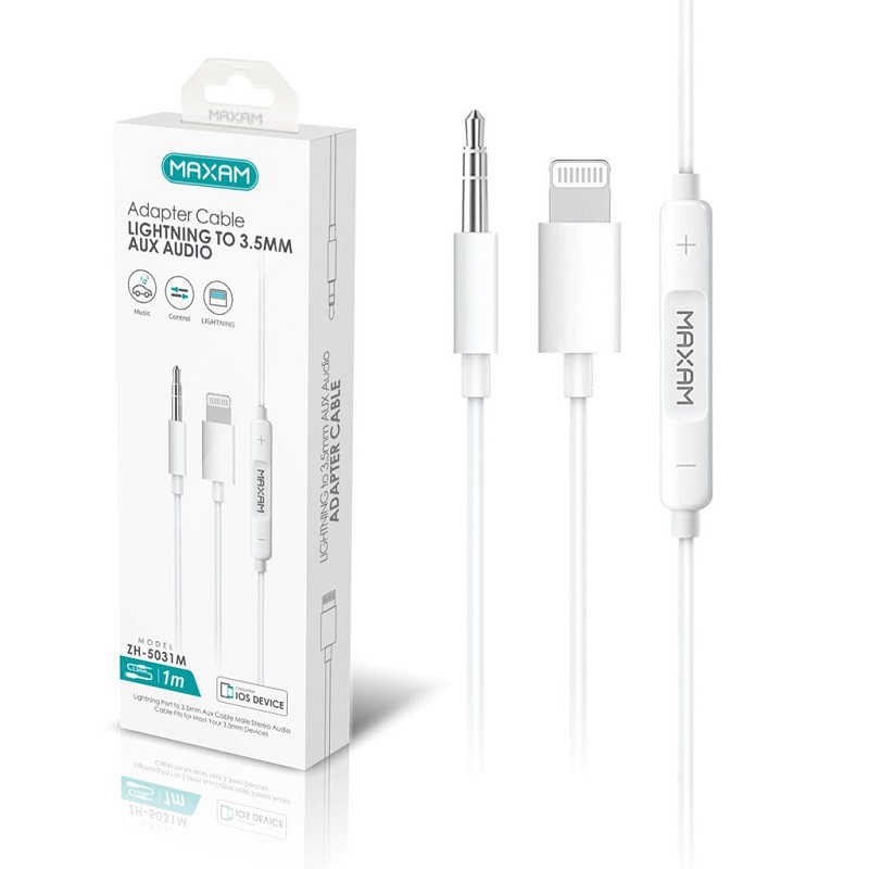 CABLE LIGHTNING A JACK AUDIO 3.5mm MACHO + CONTROL VOLUMEN BLANCO 1M