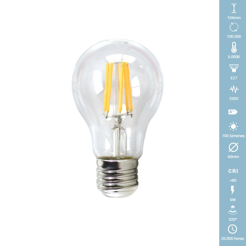 BOMBILLA LED FILAMENTO ESTANDAR Ø60mm 6W 230V 700Lm 5000K E27